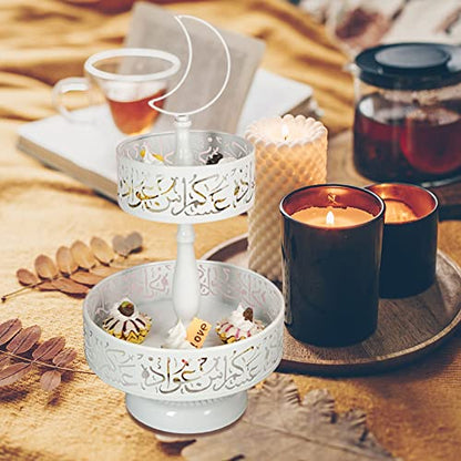 Eid Ramadan Double-Layer Pastry Tray Dinner Plate Tray Dessert Tray for Home Party Decoration, Candy Dessert Rack Iron Serving Tray for Islam Muslim Table Decor Castle (Gold)
