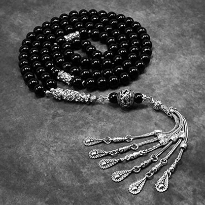 Special Prayer Beads Series -99 beads- Tesbih Tasbih Tasbeeh Misbaha Masbaha Subha Sebha Sibha (Black Glass -10 mm 99 Big Beads- & Zircon Stone Design) - color: Black Glass -10 mm 99 Big Beads- & Zircon Stone Design