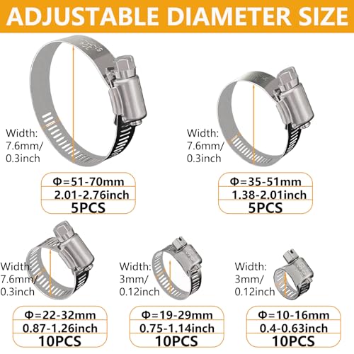 40 Pack Adjustable Stainless Steel Hose Clamps, 10-70mm Worm Gear Duct Pipe Clamp, Heavy Duty Metal Fuel Line Radiator Hose Clamps Kit for Plumbing, Automotive, Industrial, Garden, Indoor&Outdoor Use - size: 40 Pcs Kit - Hose Clamp (10-70 mm)