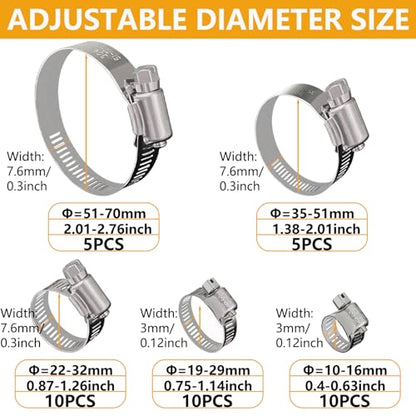 40 Pack Adjustable Stainless Steel Hose Clamps, 10-70mm Worm Gear Duct Pipe Clamp, Heavy Duty Metal Fuel Line Radiator Hose Clamps Kit for Plumbing, Automotive, Industrial, Garden, Indoor&Outdoor Use - size: 40 Pcs Kit - Hose Clamp (10-70 mm)