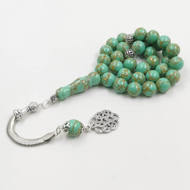 Tasbih Green Turquoise Stone Inside Gold Line Muslim Prayer Beads Islamic Rosary Beads Bracelet (12mm x 99 Beads) - size: 12mm x 99 beads