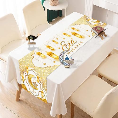 Fengrise Eid Mubarak Table Runner - White Gold Ramadan Kareem Decorations for Home 2026, Star Moon and Lantern Pattern, Eid Al-Fitr Decoration for Kitchen Indoor Dining Dinner Holiday Decor 13x72 Inch - color: White Gold