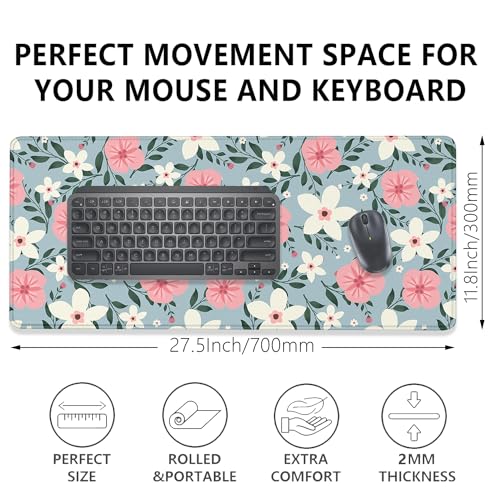 Retro White Pink Flowers Desk Pad Mouse Pad,Extended Large Gaming Floral Mouse Mat with Stitched Edges,Non-Slip Waterproof Rubber Base Mousepad for Office Work Home Desk Mat(27.5X11.8 in) - color: Retro Whitepink Flowers