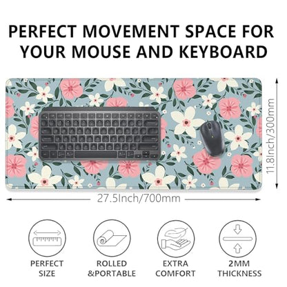 Retro White Pink Flowers Desk Pad Mouse Pad,Extended Large Gaming Floral Mouse Mat with Stitched Edges,Non-Slip Waterproof Rubber Base Mousepad for Office Work Home Desk Mat(27.5X11.8 in) - color: Retro Whitepink Flowers