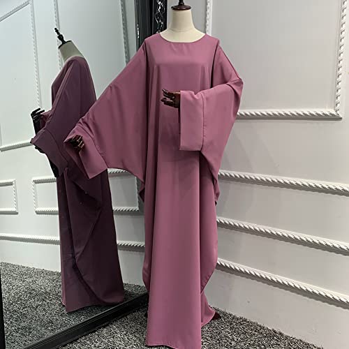 Muslim Dress for Women Pakistani Kaftan Abaya Robe + Hijab Arabic Islamic Prayer Clothes Dubai Outfits - color: Dark Pink Set