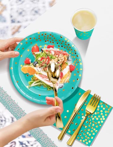 Nkaiso 141Pcs Teal Gold Paper Plates and Napkins Party Supplies-20 Guests - color: Blue Green and Gold