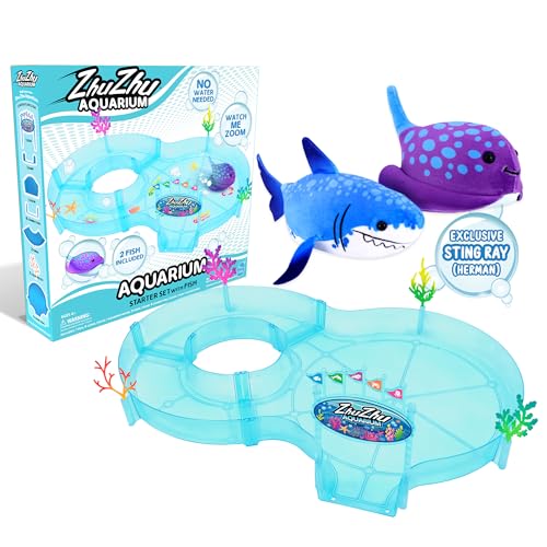 ZhuZhu Aquarium Starter Set with 2 Motorized Fish (Sting Ray + Shark) 2-Pack Bundle