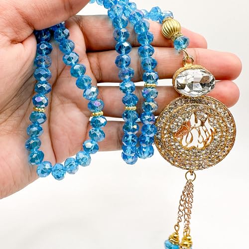 Real Blue Crystal Islamic Prayer Beads, Allah Pendant, Natural Stone 99 Beads, Tasbih, Misbaha, Tasbeeh, Rosary, Sibha, Tasbih 99, Tasbih