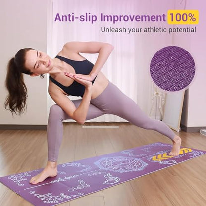 Avoalre Folding Yoga Mat, Eco-Friendly PVC Travel Yoga Mat Packable, Double Sided Non-Slip Printed Yoga Mats with Bag for Home Workout Gym Exercise Fitness Pilates Stretching (72" x 32" x 0.24" Thick) - color: Purple