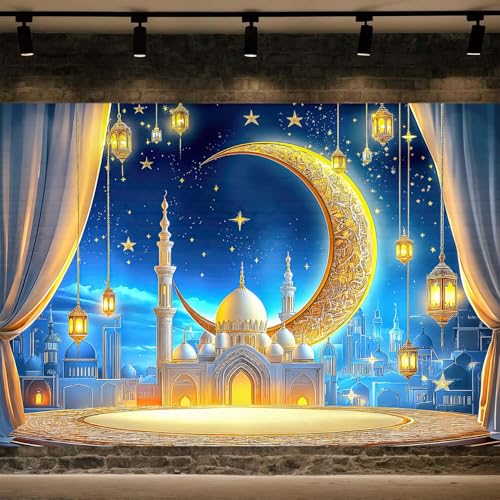 JAWO 7X5ft Ramadan Eid Mubarak Backdrop Banner, Ramadan Mubarak Photography Backdrop Night Lantern Moon Star Castle Islamic Muslim Eid Party Decoration Supplies Banner Photo Booth Prop
