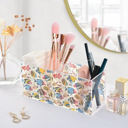 Aquarium Acrylic Pen Holder 4 Compartments Pencil Organizer and Storage Makeup Brush Holder for Home Bedroom School Office Storage