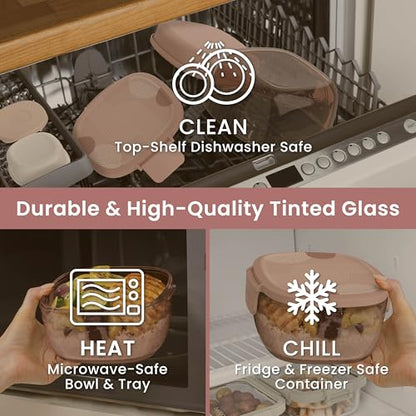 Bentgo Glass Prints Salad Container - 7.6-Cup Tinted Glass Salad Bowl with Airtight Lid, Leak-Proof Sauce Container, 4-Compartment Bento Meal Prep Tray & Reusable Fork (Mod Curve - Desert Rose) - color: Mod Curve - Desert Rose