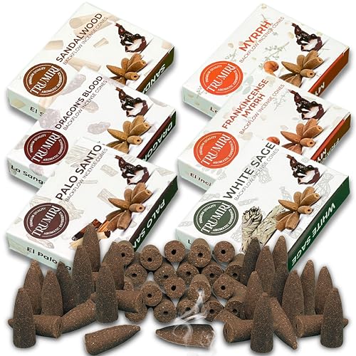 Woody - Backflow Incense Cones for Waterfall - Scented Inscents-Cones - Sandalwood, Dragons Blood, Palo Santo, White Sage - Insiensos Aromaticos - 6x10=60 Large Variety Pack - Back Flow Down Reverse - color: Woody