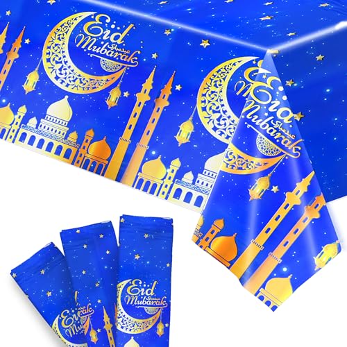 KatchOn Blue Eid Mubarak Table Cloth 108x54 Inch, Pack of 3 - color: Blue