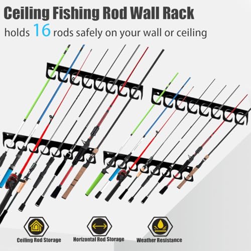 Wall Mounted Fishing Rod Rack Holder Ceiling Storage Hook Hanger Display Metal Horizontal Rack Oranizer Poles Steel Racks Holds up to 16 Rods with Soft Protective Pad for Garage Cabin and Basement - style: Store 16 Rod