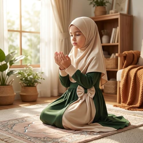 Hijab for Kids, Prayer Dress Girls Abayas Set with Hijab Long Sleeve Kids Islamic Maxi Dress for Eid & Ramadan, L, Muslim