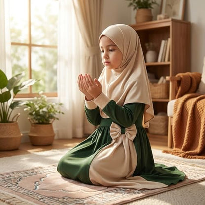 Hijab for Kids, Prayer Dress Girls Abayas Set with Hijab Long Sleeve Kids Islamic Maxi Dress for Eid & Ramadan, L, Muslim