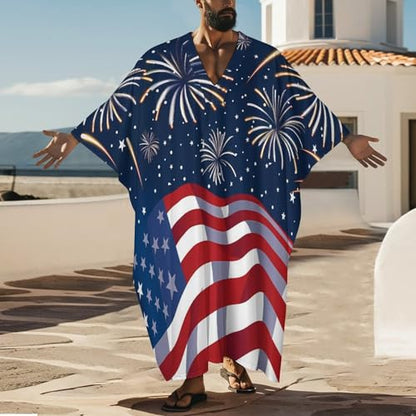 U.S.A. 4th of July Men's Kaftan Thobe V-Neck Long Gown Loose Robe - size: 5X-Large