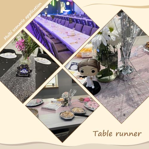 OSVINO Starry Moon Table Runner Gold Glitter, 11Inch x 33Feet Shimmer Metallic Sequin Mesh with Stars & Moons for Wedding Valentine's Day Table Decor, Bridal Baby Shower Birthday Party, Gold
