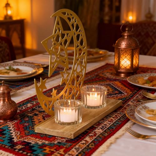 Gold Ramadan Decorations for Home, Star and Crescent Moon Silhouette Tealight Candle Holder with 2 Glass Votives, Wooden Tray Eid Mubarak Table Decor Centerpiece, Islamic Ramadan Kareem Gifts