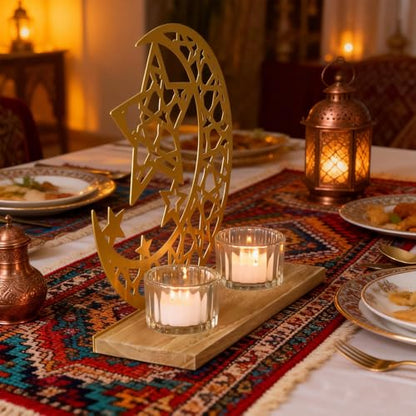 Gold Ramadan Decorations for Home, Star and Crescent Moon Silhouette Tealight Candle Holder with 2 Glass Votives, Wooden Tray Eid Mubarak Table Decor Centerpiece, Islamic Ramadan Kareem Gifts