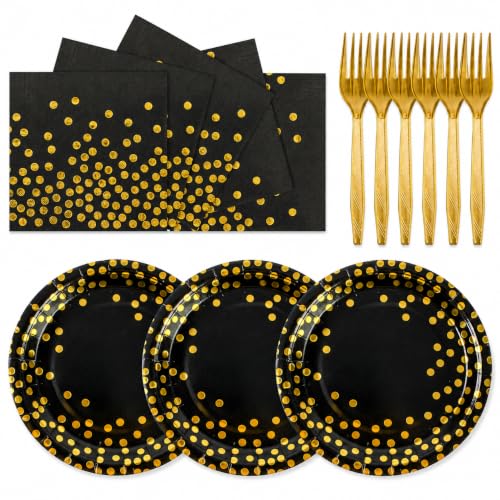 Paper Plates and Napkins Set, Black and Gold Dot, 75PCS - color: Black Gold Dot, size: 7inch-75pcs
