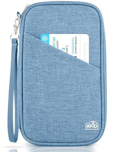 Passport Holder Family, Women Rfid Blocking Passport Wallet, Travel Essentials Premium Wallets, Waterproof Passport Holders Bag for Men Traveling, Travel Document Organizer Credit Cards Case - color: Neutral Blue