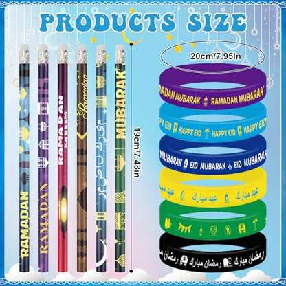 116 Pcs Eid Ramadan Mubarak Gifts Ramadan Stationery Include 36 Ramadan Pencils 36 Wristbands 36 Badges 8 Stickers for Eid Mubarak Party Favor Decor Supplies Ramadan Gift