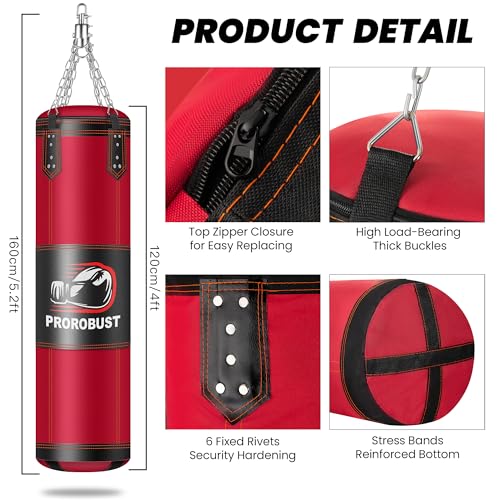 Prorobust Punching Bag for Adults, Red 4ft Oxford Heavy Boxing Bag Set with 12 oz Gloves for MMA Kickboxing Boxing Karate Home Gym Training (Unfilled)