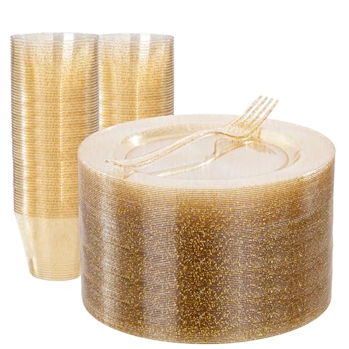 WELLIFE Gold Glitter Plastic Plates, 150 PCS Dinnerware Set for 50 Guests - color: Gold Glitter(150pcs), size: 50 Guests