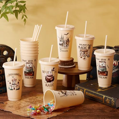 Chuangdi 12 Pcs Magical Wizard Party Cups Birthday Party Favors 24 oz Plastic Reusable Tumblers with Lids and Straws for Magical Wizard Birthday Supplies - style: Magical World