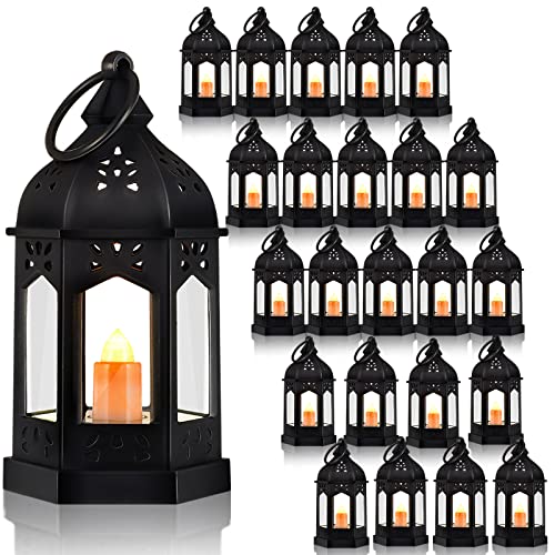 Hortsun 24 Pcs Mini Lantern Decorative with Flickering LED Candle Vintage Hanging Lanterns Battery Powered Light Wedding Diwali Halloween Christmas Centerpiece for Camping Garden Party Decor(Black) - color: Black