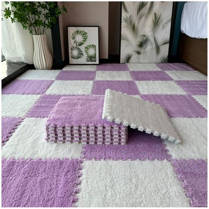 FYYSJW 10 Piece Plush Patchwork Foam Floor Mat, Soft Interlocking Floor Carpet Squares, Fluffy Puzzle Area Rug, 12 X 12 Inch,Purple+White - color: Purple+white