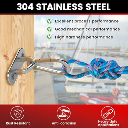 sprookber 304 Stainless Steel Pad Eye Snap Hooks, M6 Heavy Duty Ceiling Hooks, 800 lb Capacity Hammock Swing Hanging kit, Plant Hangers, Marine Hardware Staple Hook Loop with Screws, Set of 8 | Hanging Kit with Screws for Hammock Chair Swing, Yoga Gym Equ