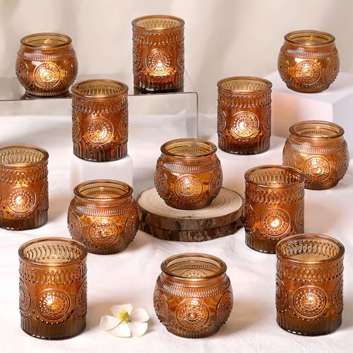 DARJEN 24Pcs Amber Votive Candle Holders - Vintage Glass Candle Holder, Candle Holders Bulk for Wedding & Home Decoration, Tea Lights Candle Holders for Festival Party Gift - color: Amber, size: 24 PCS