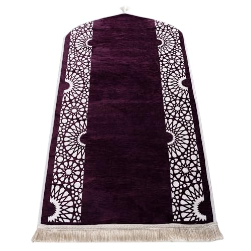 Modefa Turkish Islamic Prayer Mat - Chenille with Foam and Carrying Bag - Intricate Praying Rug Ramadan Eid Gift - Traditional Muslim Janamaz Seccade for Men Women - Mustaqim (Purple) - color: Purple