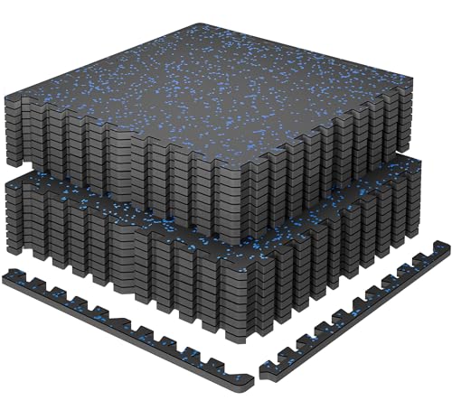 SUPERJARE 0.79'' Extra-Thick Exercise Equipment Mats, 18 Pcs 72 Sq Ft Rubber Top Floor Tiles with High Density EVA Foam, Interlocking Gym Flooring for Home Gym, Workout Mat, Black/Blue - size: 18 Tiles (72 Sq Ft)