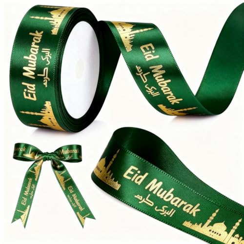 20 Yards Eid Mubarak Ribbons, Calligraphy Eid Arabic Gold Ribbon for Wrapping Ramadan Kareem Moon Star Eid al-Adha Ribbons for Islamic Muslim Party Hajj Umrah Decorations Supplies Gifts (Green) - color: Green