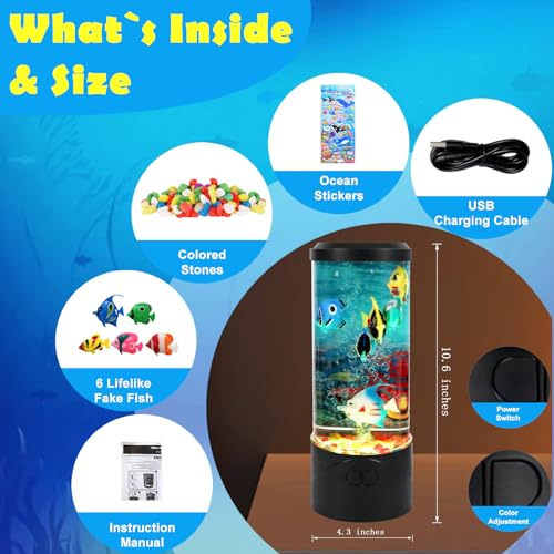 Toycol Bubble Fish Lamp, 7-Color Artificial Aquarium Lamp with 6 Fish | 7-Color Changing, 6 Fake Fish Moving, Sensory Bubble Tube Light, Mood Night Light - color: 6 Fish