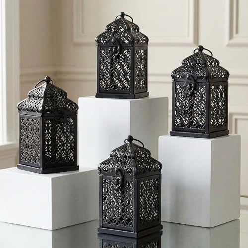 VELA LANTERNS Mini Tower Temple Moroccan Lantern Lamp Decorative Candle Holders for Ramadan Decorations, Hanging, Outdoor Patio or Porch, Indoor Home Decor, Black, Set of 4 - color: Black, size: 5"