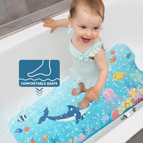 LNOND Bath Mat for Tub for Kids, Toddler Bathtub mat Non Slip, Sharks Fish Kids Bath Mats for Bathroom Non Slip with Drain Holes and Suction Cups,Machine Washable (40 X 16 Inch) - color: Sharks Fish