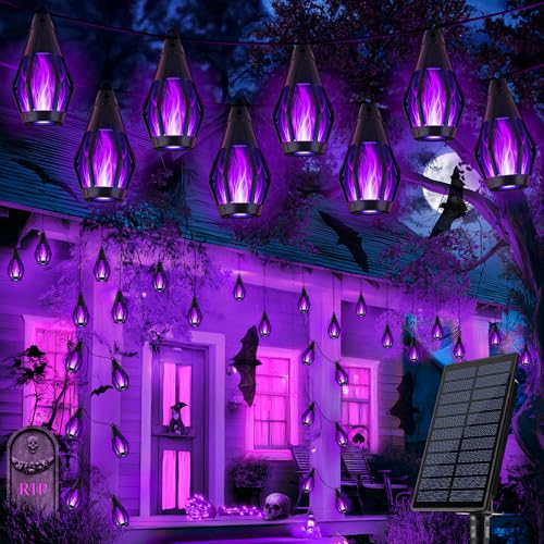 iBaycon Solar Halloween Lights, 27Ft 10 LED Bulbs Flickering Flame String Light, Outdoor Waterproof Solar Flame Lights for Garden Yard Patio Halloween Decorations (Purple) - color: Purple, size: 27FT