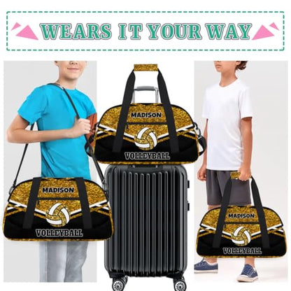 Custom Volleyball Bag with Name, Personalized Sports Bag for Teens Waterproof Weekender Carry Training Travel Bag, Gold Sequins Glitters with Black (Not real Glitter) - color: Gold Black