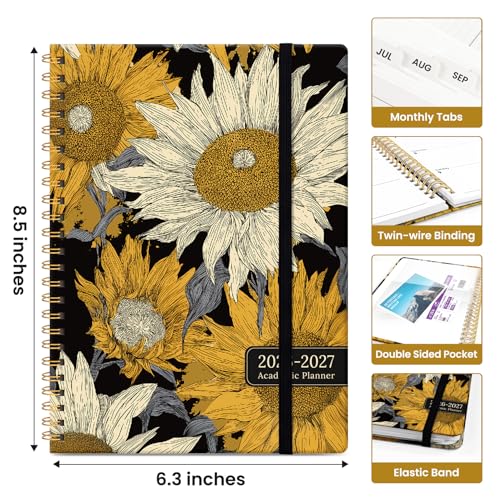 Planner 2026–2027, Academic Monthly Weekly Spiral Calendar, July 2026 – June 2027, Hardcover Agenda Notebook with Tabs, 6.3" x 8.5", Perfect for Students, Teachers, School & Daily Planning - Nocturne Sunflowers - color: G-Nocturne Sunflowers, size: (6.3"x