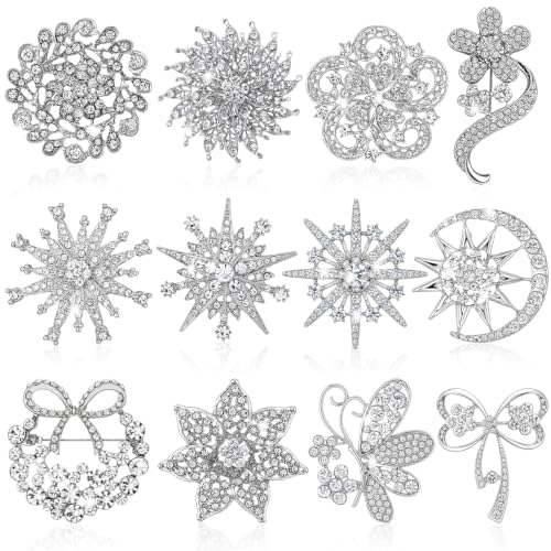 Junkin 12 Pcs Women Brooches Bulk Vintage Rhinestone Pin Set - style: Crystal