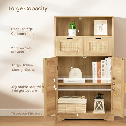 Iwell Storage Cabinet with 2 Drawers & Adjustable Shelves, Rattan Cabinet, Kitchen Pantry Cabinets, Cupboard for Living Room, Kitchen, Home Office, Natural SNG008NR - color: Natural