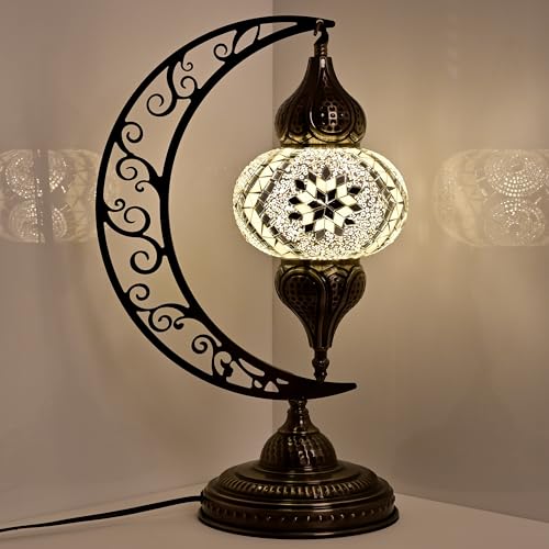 GOGERS Decorative Crescent Moon Lamp, Handmade Mosaic Glass Table Lamp with E12 LED Bulb, Antique Bronze Turkish Moroccan Accent Light for Bedroom, Living Room, Entryway, Gift Home Decor (White)