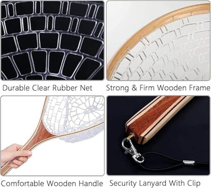 Fly Fishing Landing Net Soft Rubber Mesh Trout Net with Handle Catch and Release Nets Freshwater Saltwater Wooden Nets Gifts for Father Men