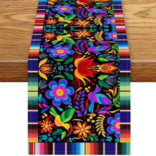 Mexican Fiesta Table Runner, Rustic Boho Colorful Mexico Dia De Los Muertos Floral Birds Day of The Dead Coffee Table Center Decor for Kitchen Dining Holiday Home Party Table Decorations, 13"x36" - color: Mexican-5, size: 13“ X 36"