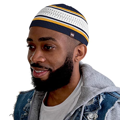 Breathable Cotton Stretchy Kufi for Men in Cool Designs - Helmet Liner - color: Navy Blue and White With Gold Stripes
